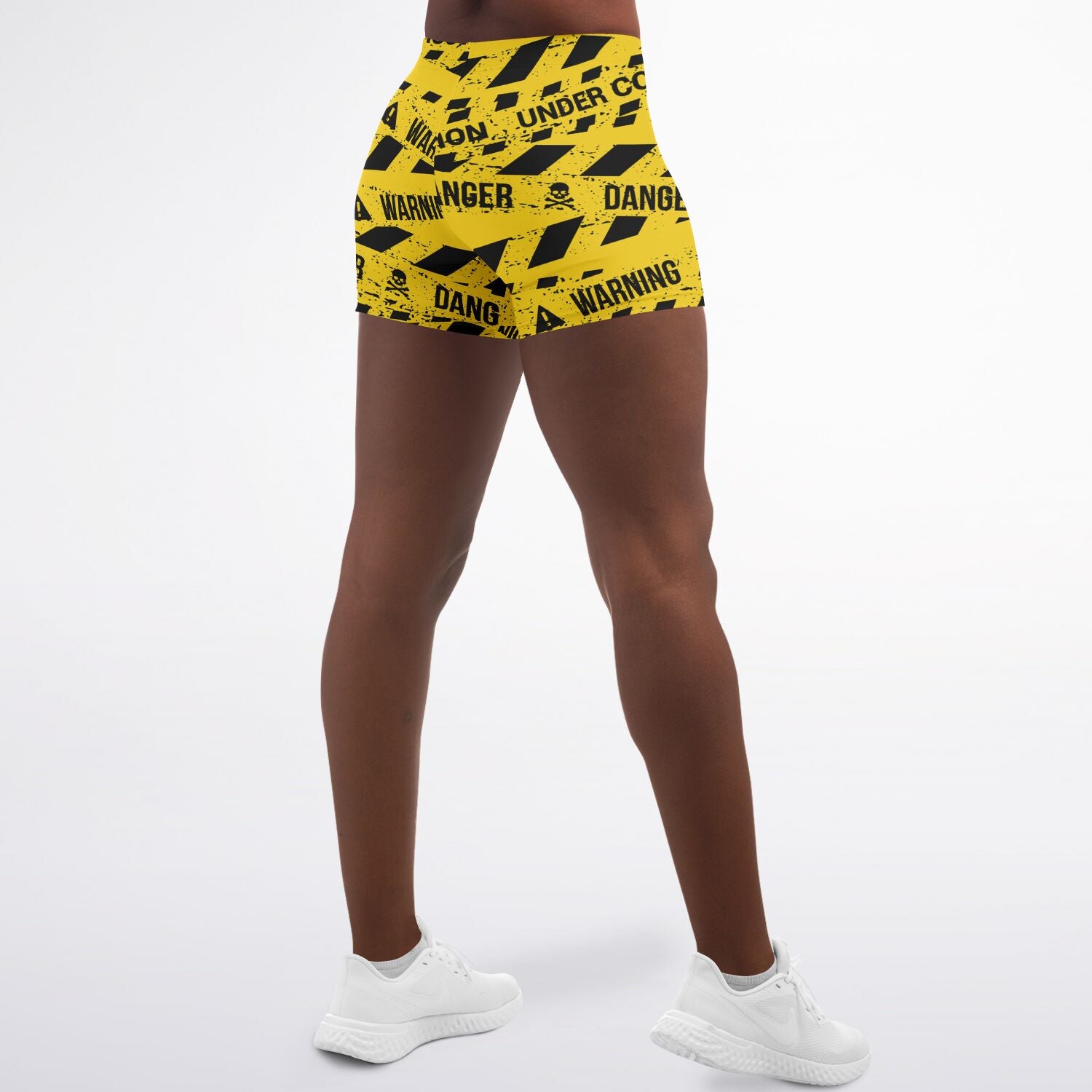 Women's Mid-rise Yellow Danger Under Construction Warning Tape  Athletic Booty Shorts