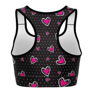 Women's Pink Hearts Polka Dots Athletic Sports Bra Back