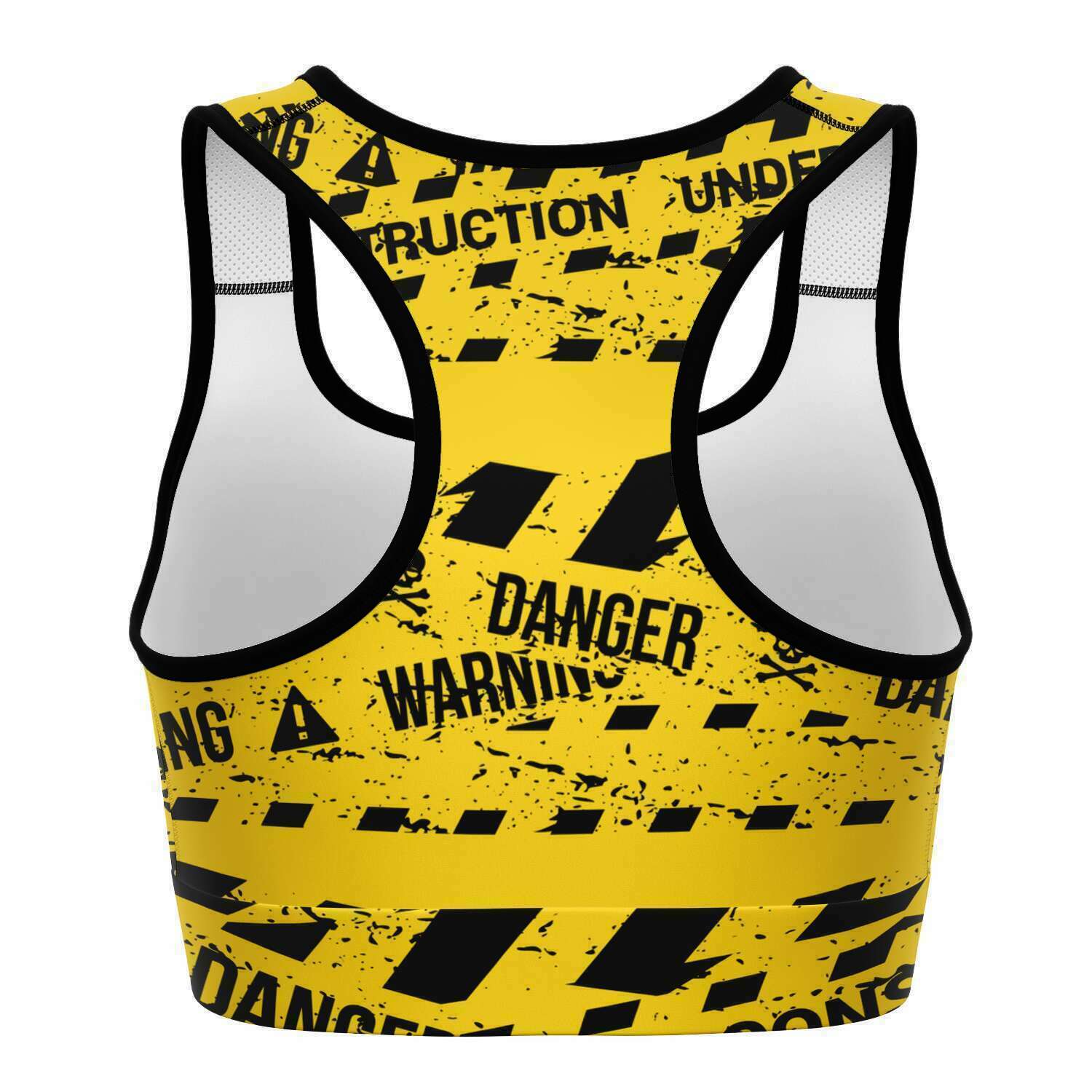 Women's Yellow Under Construction Warning Caution Tape Athletic Sports Bra Back