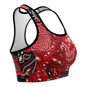 Women's Red Paisley Patchwork Athletic Sports Bra Right