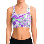 Women's Purple Green Marble Paint Swirls Athletic Sports Bra Model Front