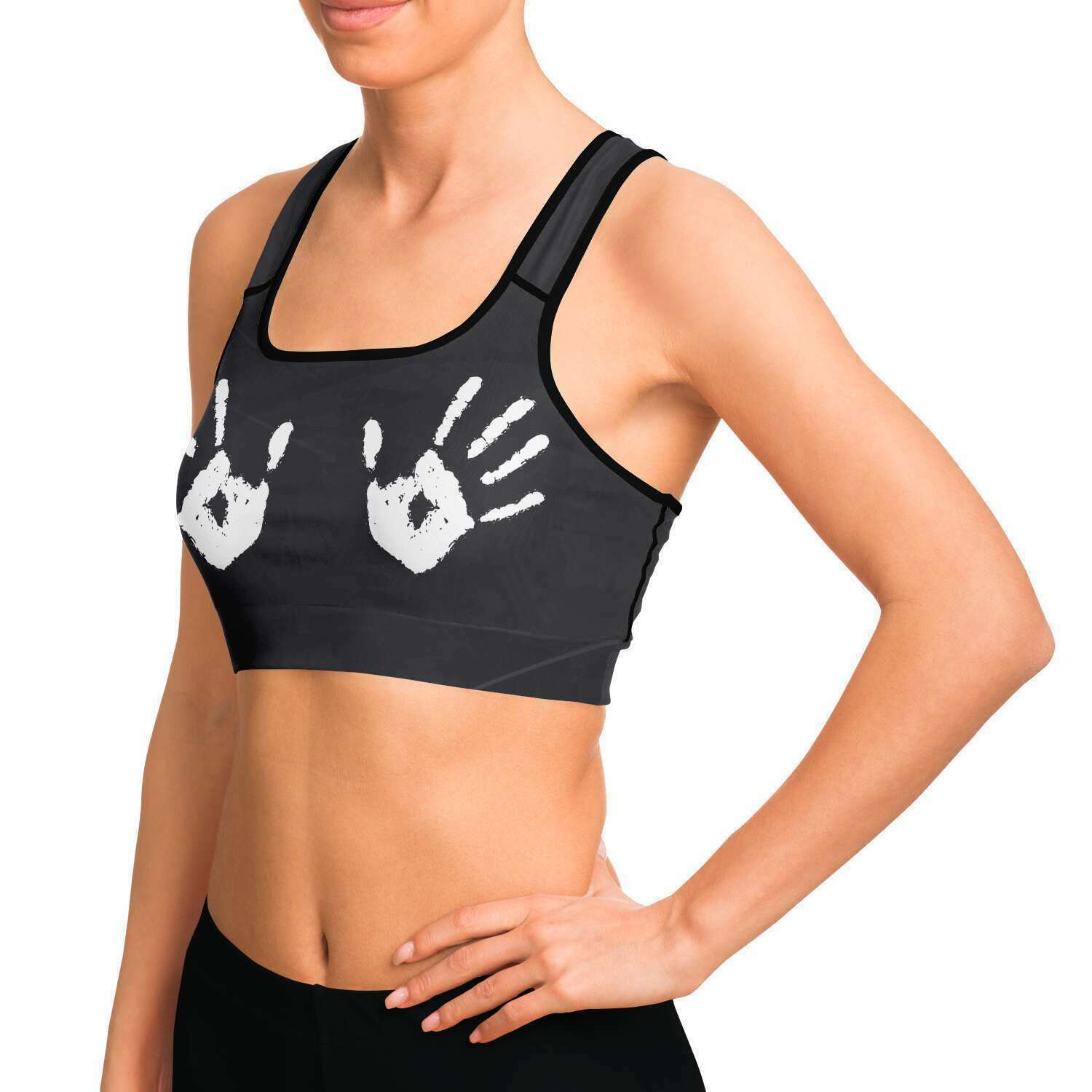 Women's Chalk Dirty To Me Hands Athletic Sports Bra Model Left