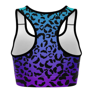 Women's Purple Blue Gradient Leopard Cheetah Print Athletic Sports Bra Back
