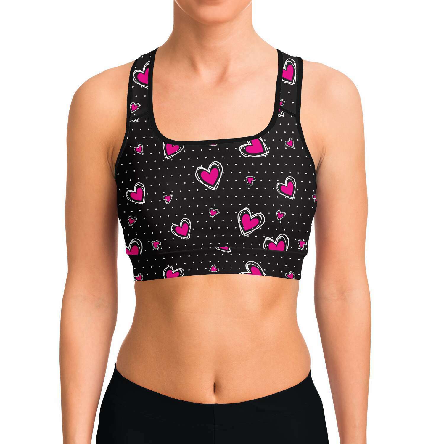 Women's Pink Hearts Polka Dots Athletic Sports Bra Model Front
