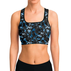 Women's Blue Gilded Marble Athletic Sports Bra Model Front