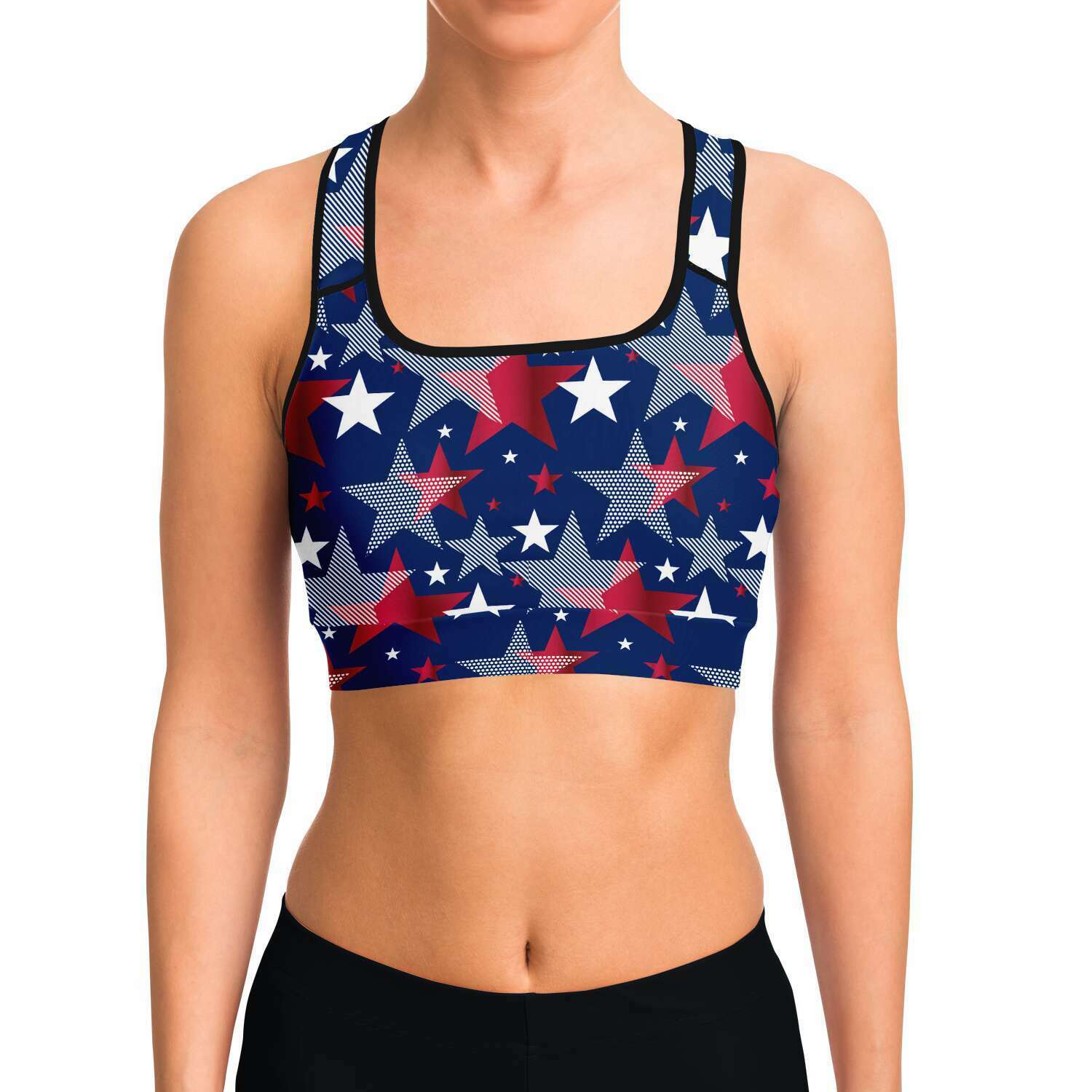 Women's Fourth Of July Starburst Fireworks Athletic Sports Bra Model Front