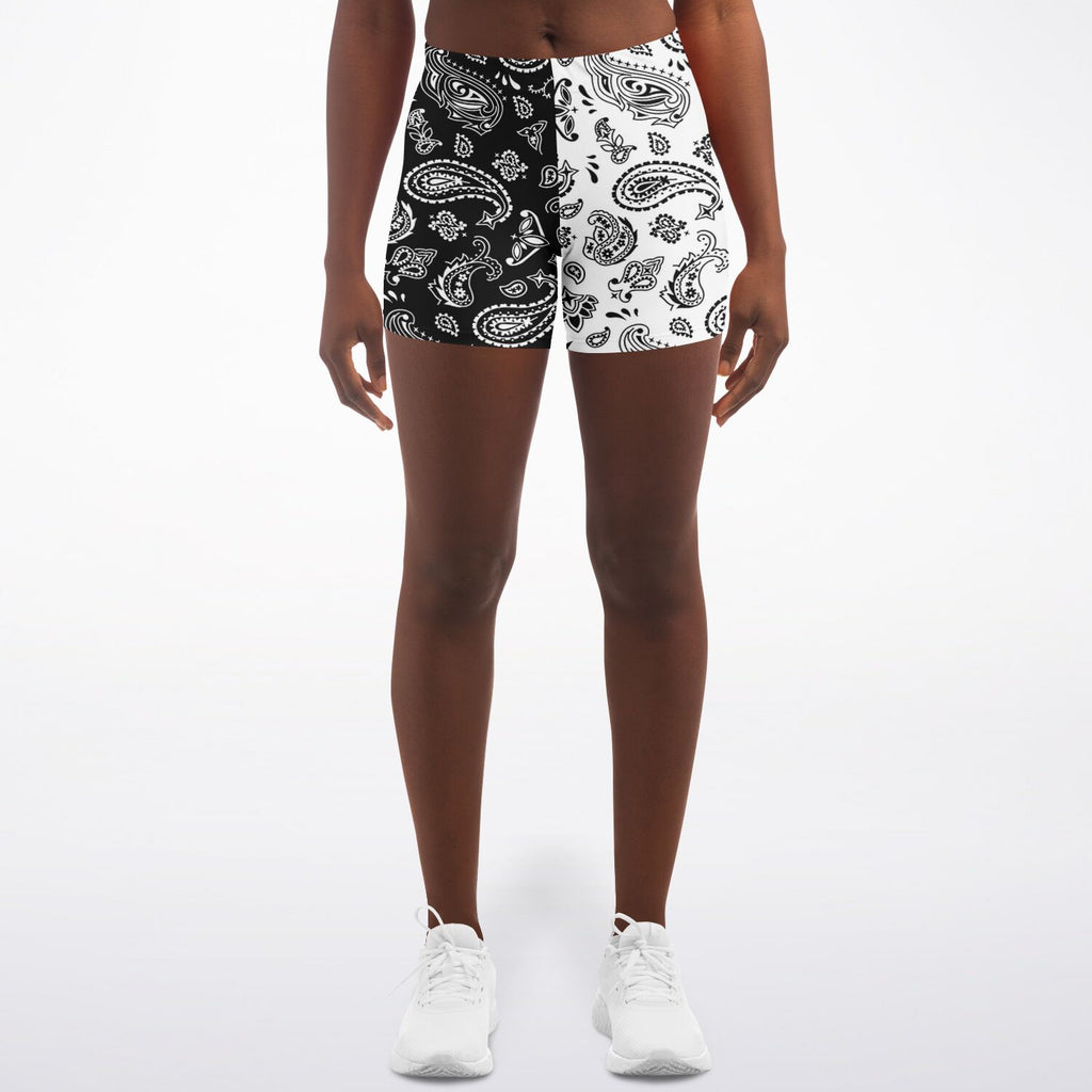 Women's Mid-rise Half Black White Paisley Bandana Athletic Booty Shorts