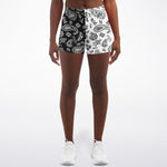 Women's Mid-rise Half Black White Paisley Bandana Athletic Booty Shorts