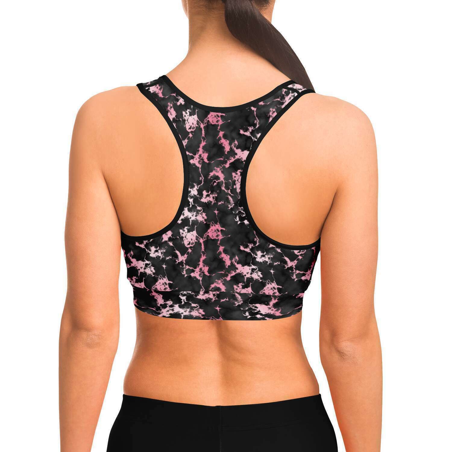 Women's Rose Gold Gilded Marble Sports Bra Model Back