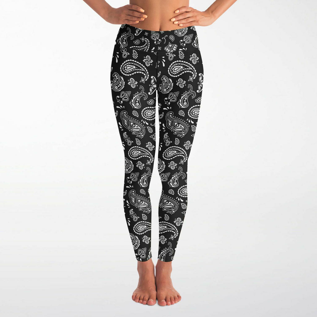 Women's Black White Paisley Bandana High-waisted Yoga Leggings