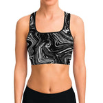 Women's Black Grey Marble Swirl Athletic Sports Bra Model Front