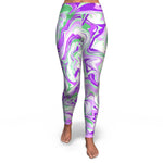 Women's Purple Green Marble Paint Swirls High-waisted Yoga Leggings Front