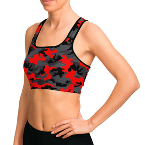 Women's Black Red Camouflage Athletic Sports Bra Model Left