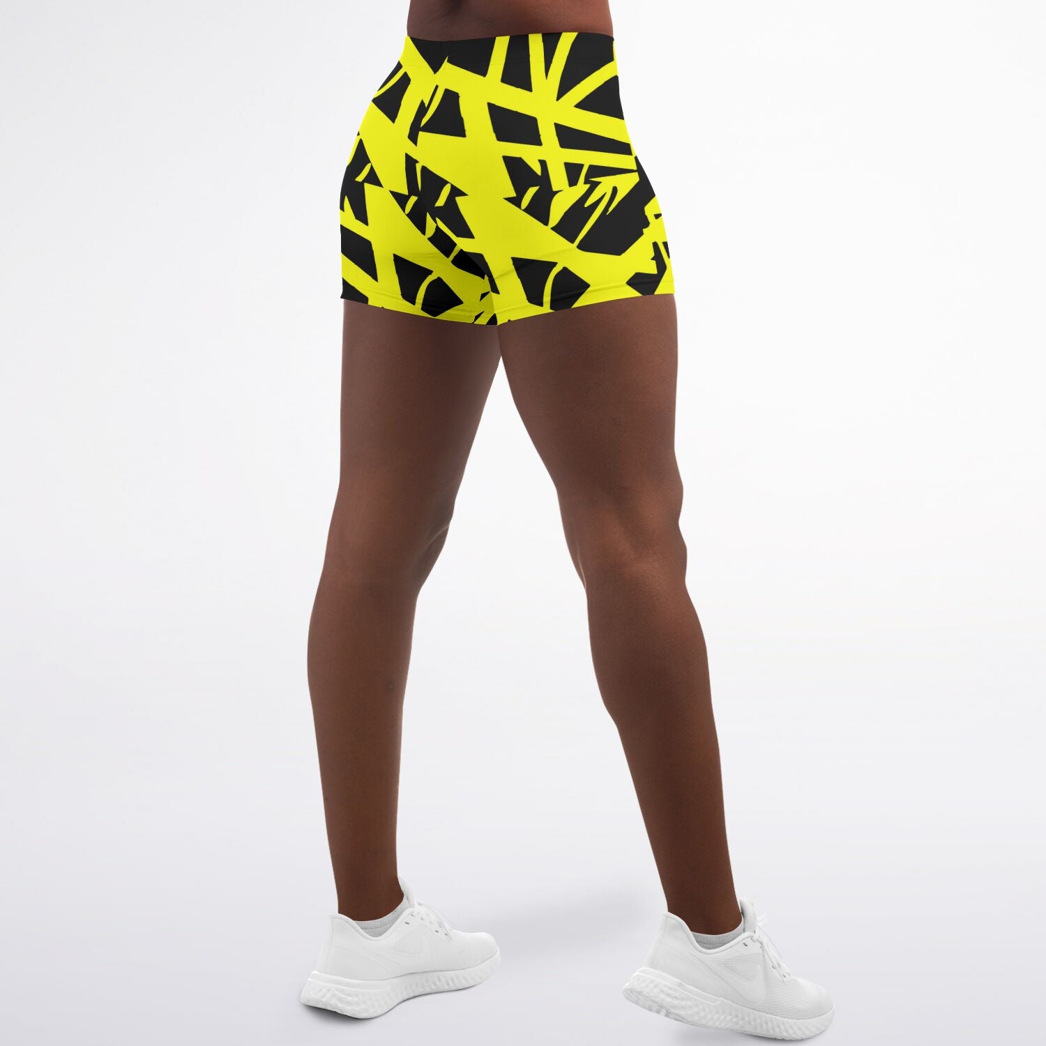 Women's 80s EVH Yellow BumbleBee Rock Roll Music Frankenstrat Guitar Stripes Mid-Rise Athletic Booty Shorts
