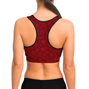 Women's Red Christmas Snowflakes Athletic Sports Bra Model Back