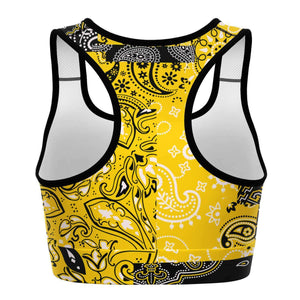 Women's Yellow Paisley Patchwork Athletic Sports Bra Back