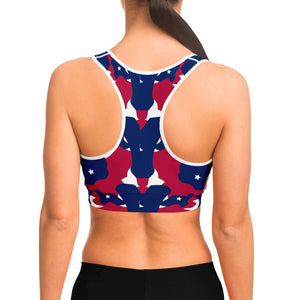 Women's Fourth Of July Stars Red White Blue USA Camouflage Athletic Sports Bra Model Back