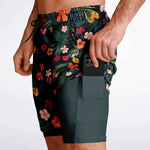 Men's 2-in-1 Tropical Hawaiian Hibiscus Flowers Palm Tree Leaves Gym Shorts