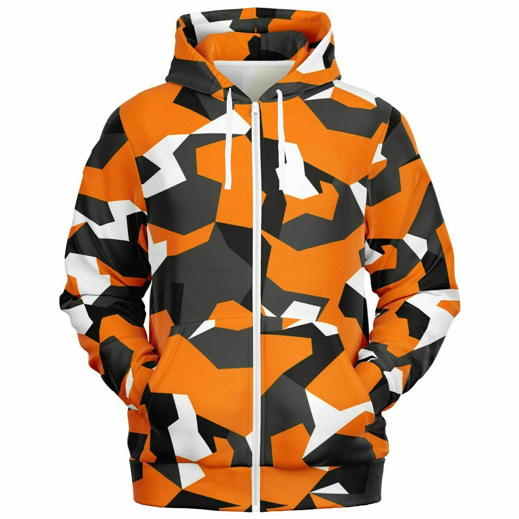 Unisex M90 Black Orange Modern Soldier Urban Warfare Camouflage Athletic Zip-Up Hoodie