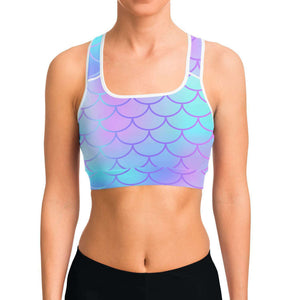 Women's Pink Blue Mermaid Scales Athletic Sports Bra Model Front