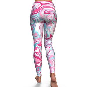 Women's Pink Blue Marble Paint Swirls High-waisted Yoga Leggings Back