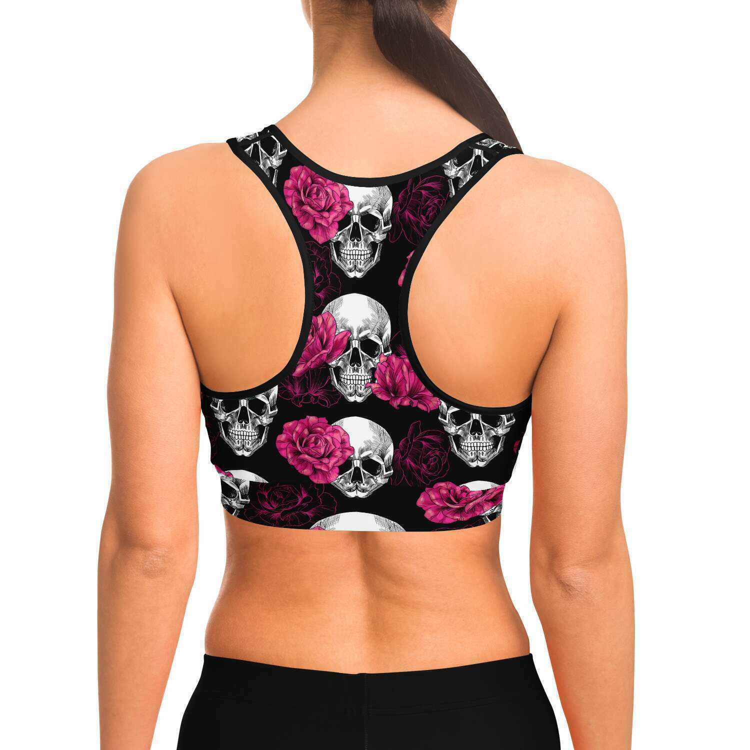Women's Pink Roses & Skulls Halloween Athletic Sports Bra Model Back
