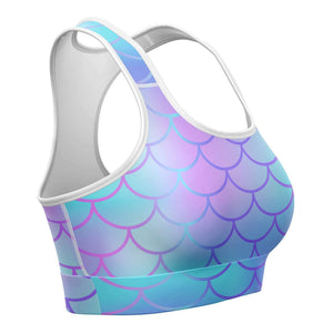 Women's Pink Blue Mermaid Scales Athletic Sports Bra Right