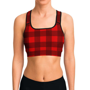 Women's Black Red Lumberjack Plaid Athletic Sports Bra Model Front
