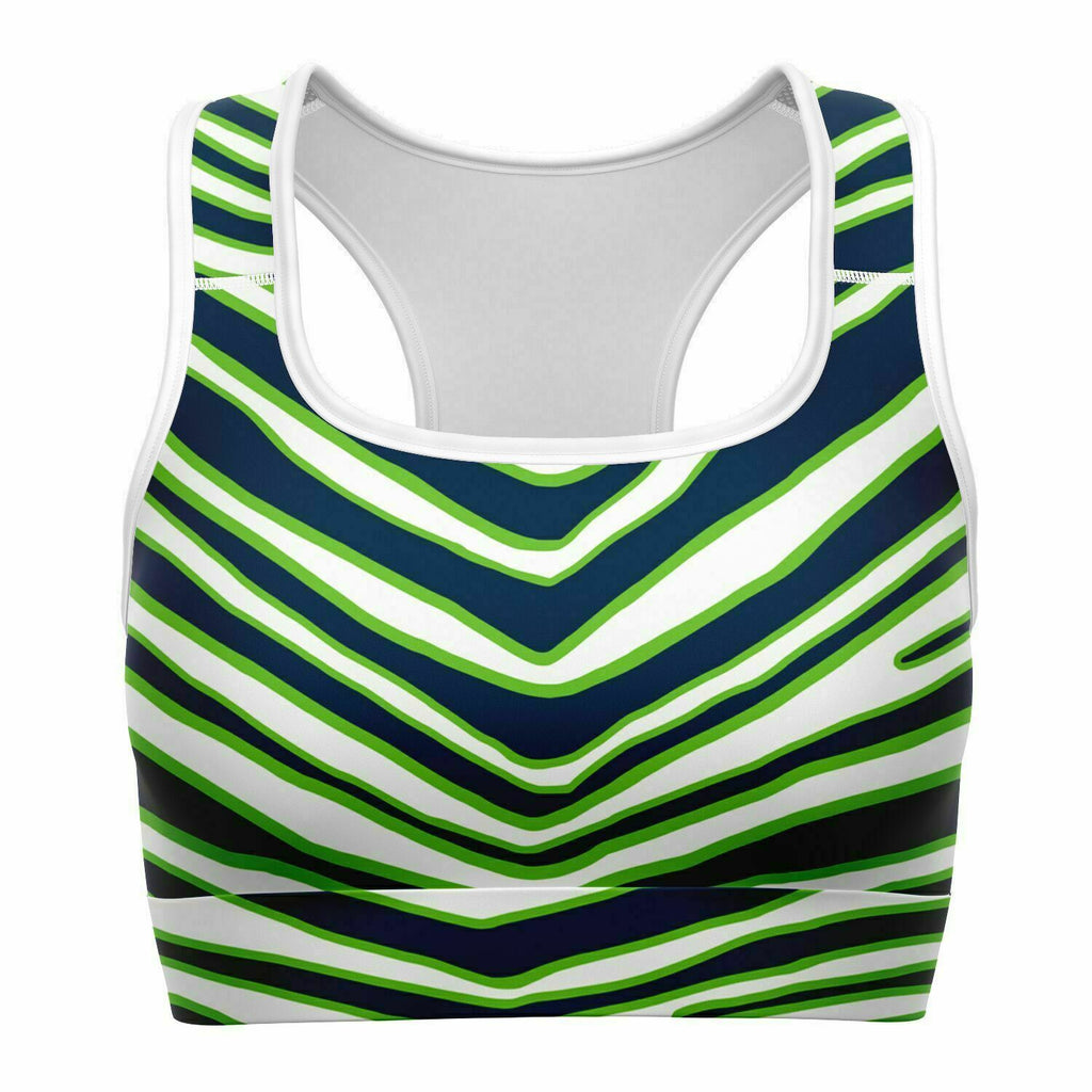 Women's Seattle Football Green Wild Zebra Stripe Animal Pattern Athletic Sports Bra