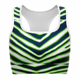 Women's Seattle Football Green Wild Zebra Stripe Animal Pattern Athletic Sports Bra