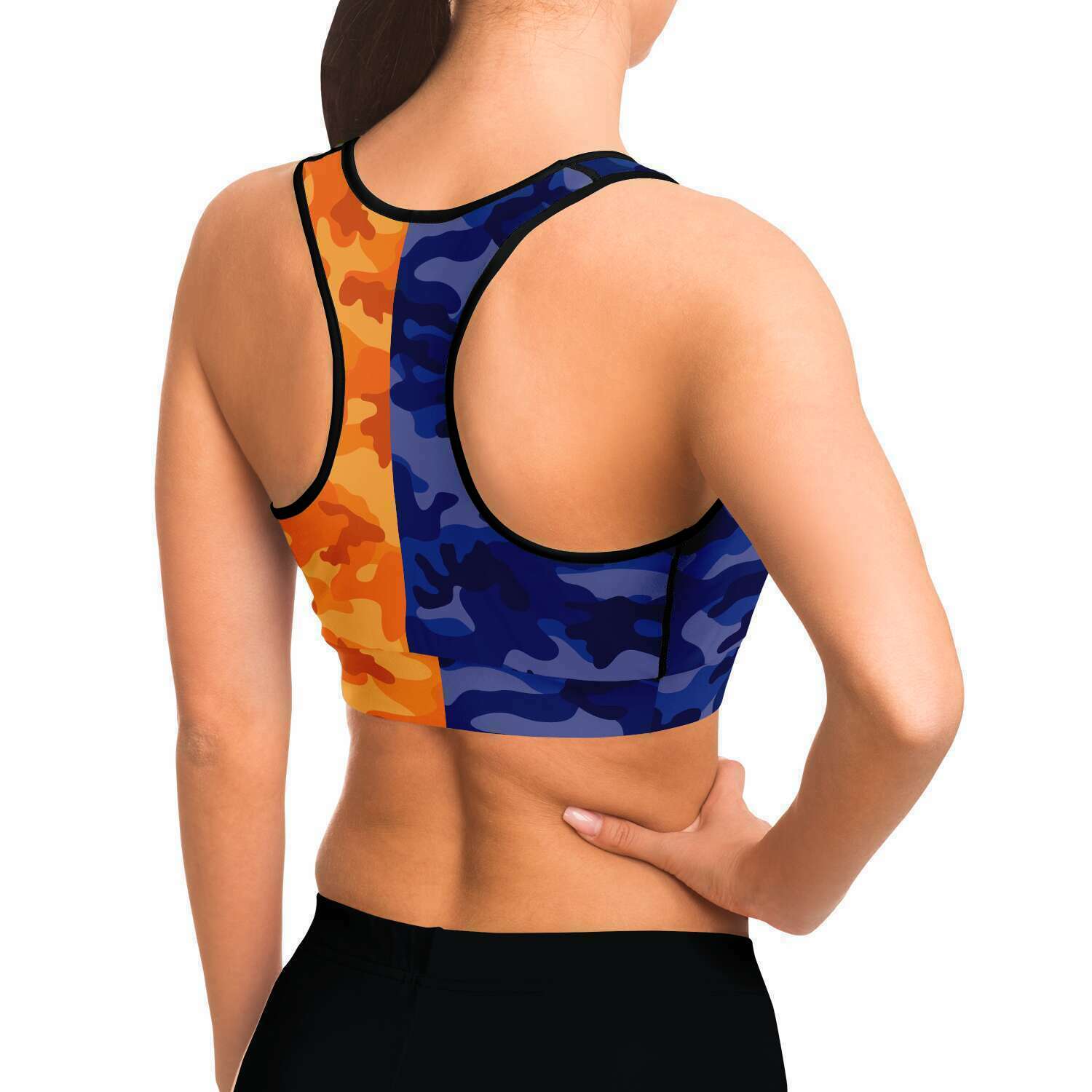 Women's All Blue Orange Camouflage Athletic Sports Bra Model Right