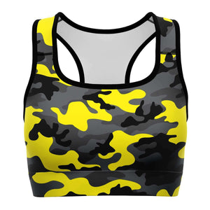 Women's Black Yellow Camouflage Athletic Sports Bra