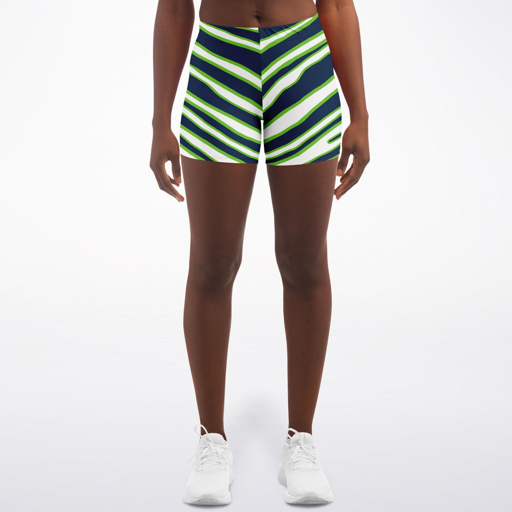 Women's Seattle Football Green Wild Zebra Stripe Animal Pattern Mid-rise Athletic Booty Shorts