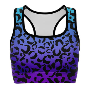 Women's Purple Blue Gradient Leopard Cheetah Print Athletic Sports Bra