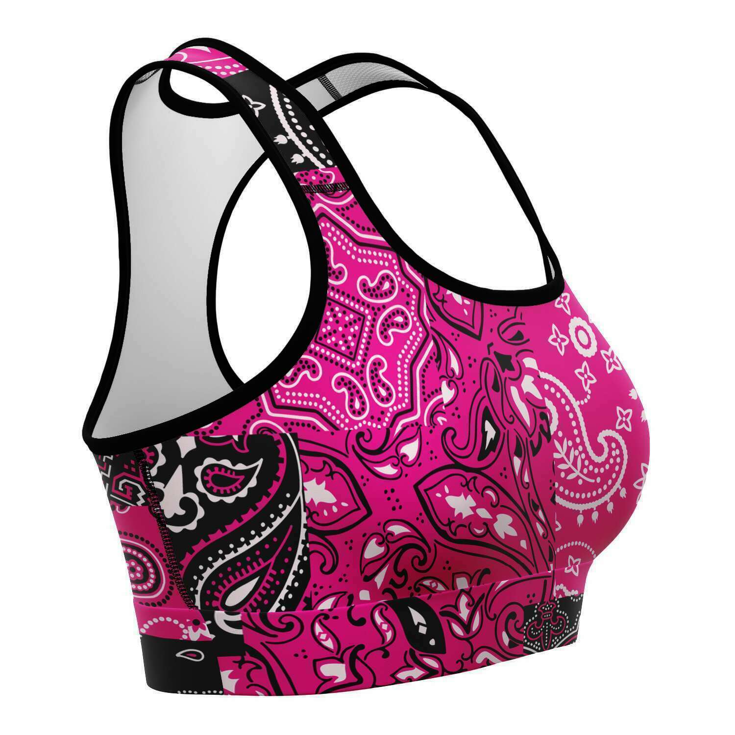 Women's Black Pink Paisley Patchwork Athletic Sports Bra Right