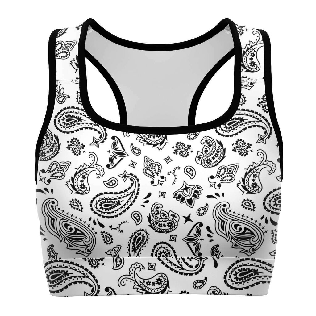 Women's White Black Paisley Bandana Athletic Sports Bra