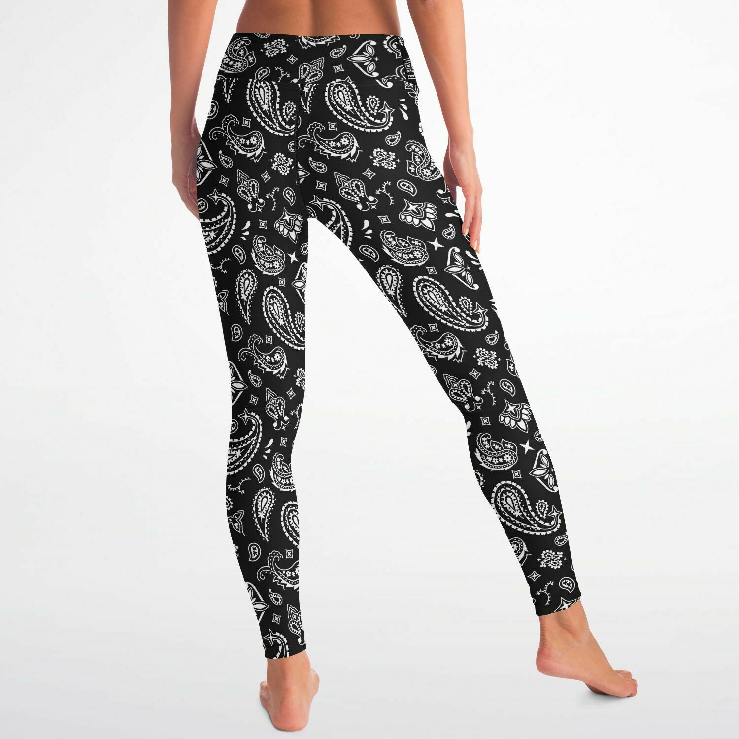 Women's Black White Paisley Bandana High-waisted Yoga Leggings Back