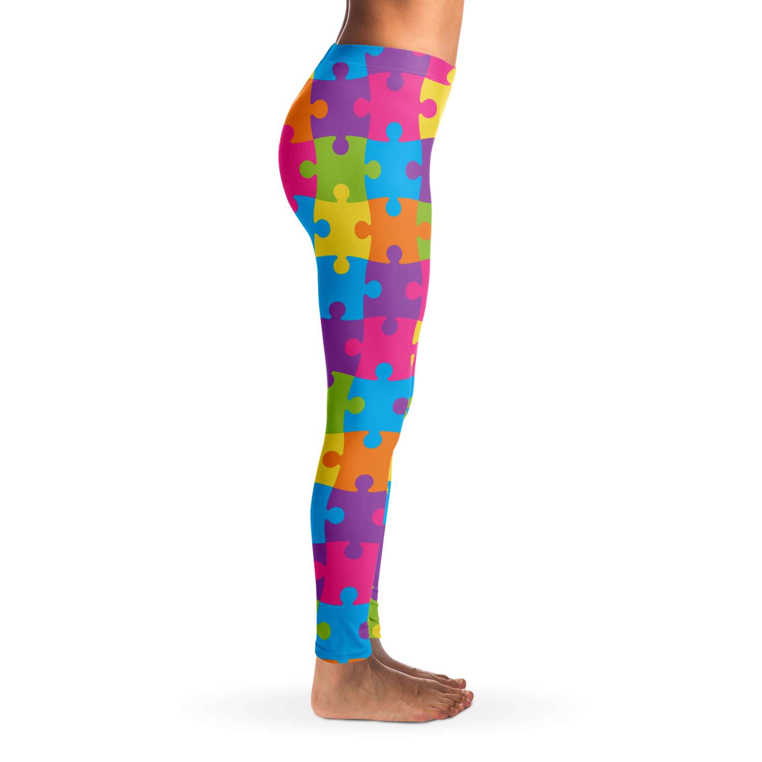 Women's Rainbow Puzzle Pieces Autism Mid-rise Yoga Leggings Right