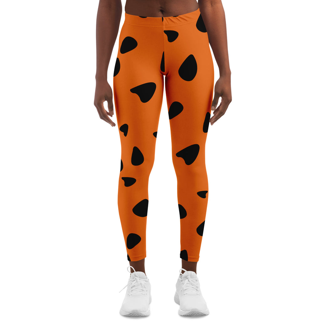 Women's Orange Pebbles Cartoon Primitive Cave Girl Mid-Rise Yoga Leggings