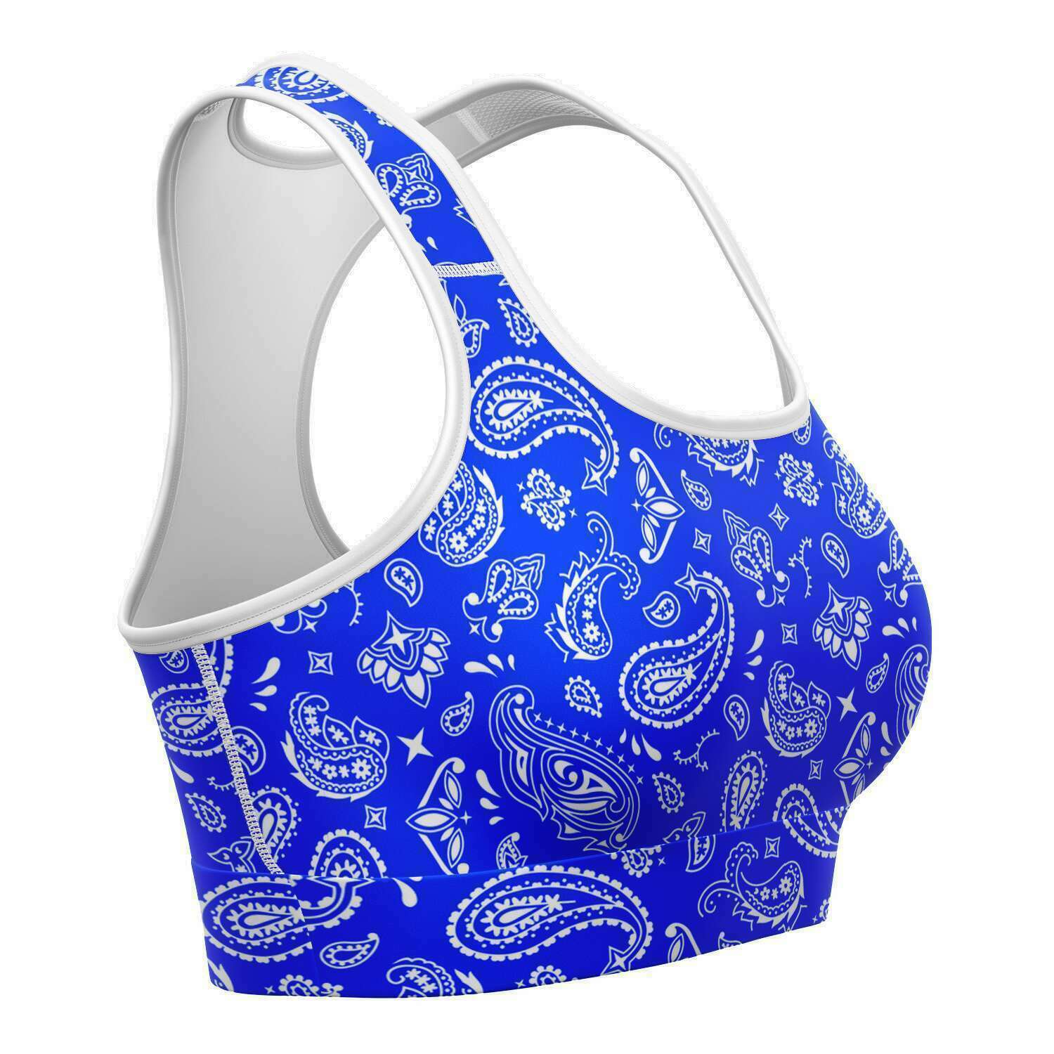 Women's Blue White Paisley Bandana Athletics Sports Bra Right