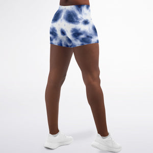 Women's Mid-rise Classic Mono Blue Tie-Dye Pattern Athletic Booty Shorts