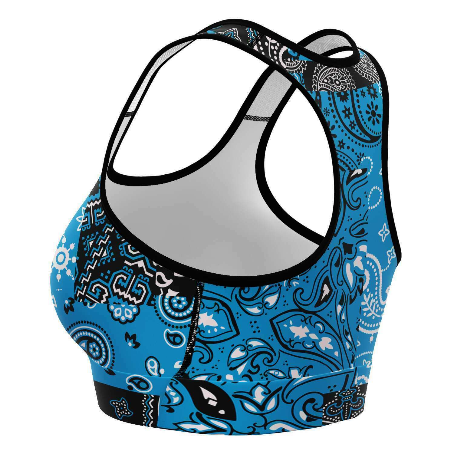 Women's Teal Paisley Patchwork Athletic Sports Bra Left