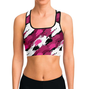 Women's Black Pink Brush Camouflage Athletic Sports Bra Model Front