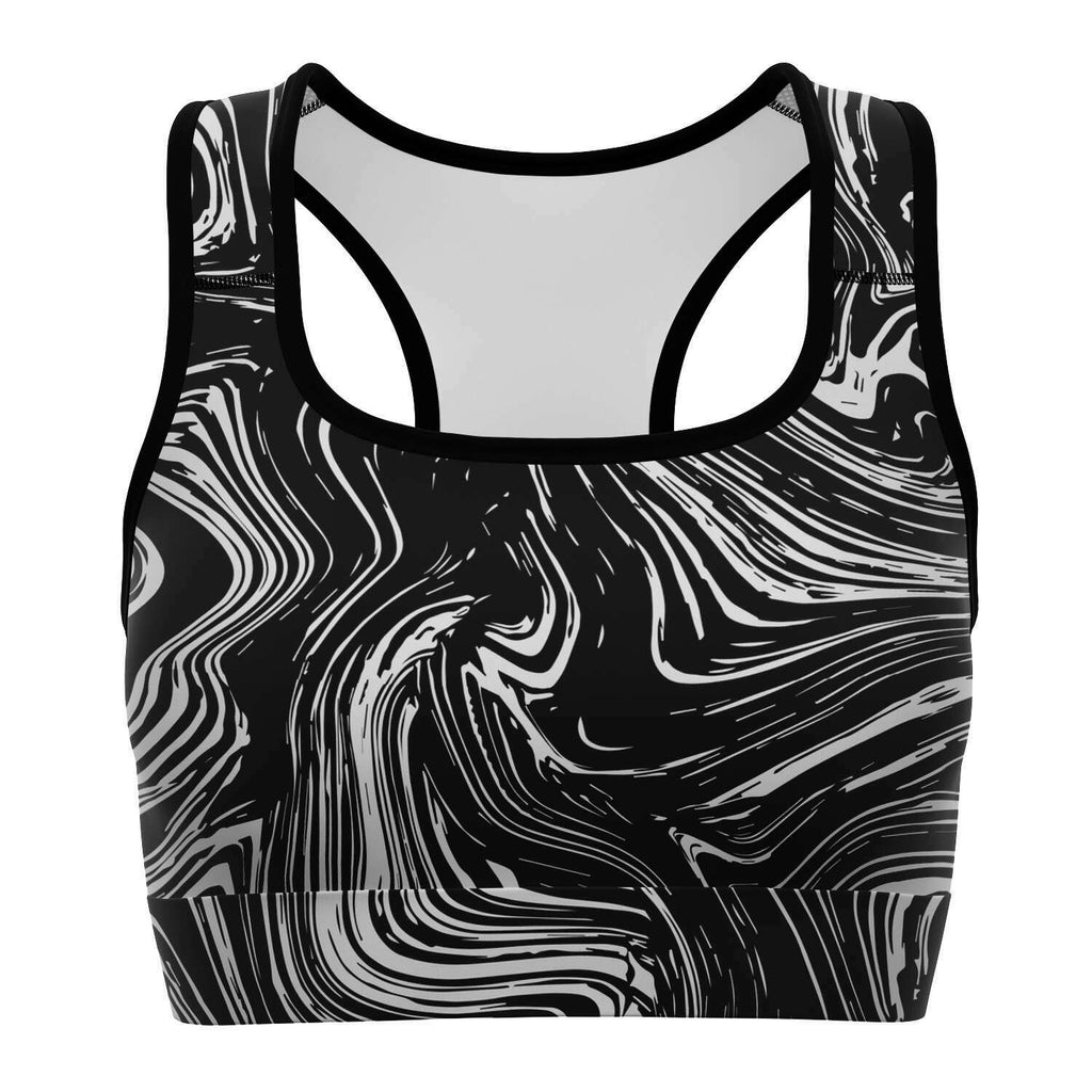 Women's Black Grey Marble Swirl Athletic Sports Bra Front