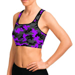 Women's Black Purple Camouflage Athletic Sports Bra Model Left