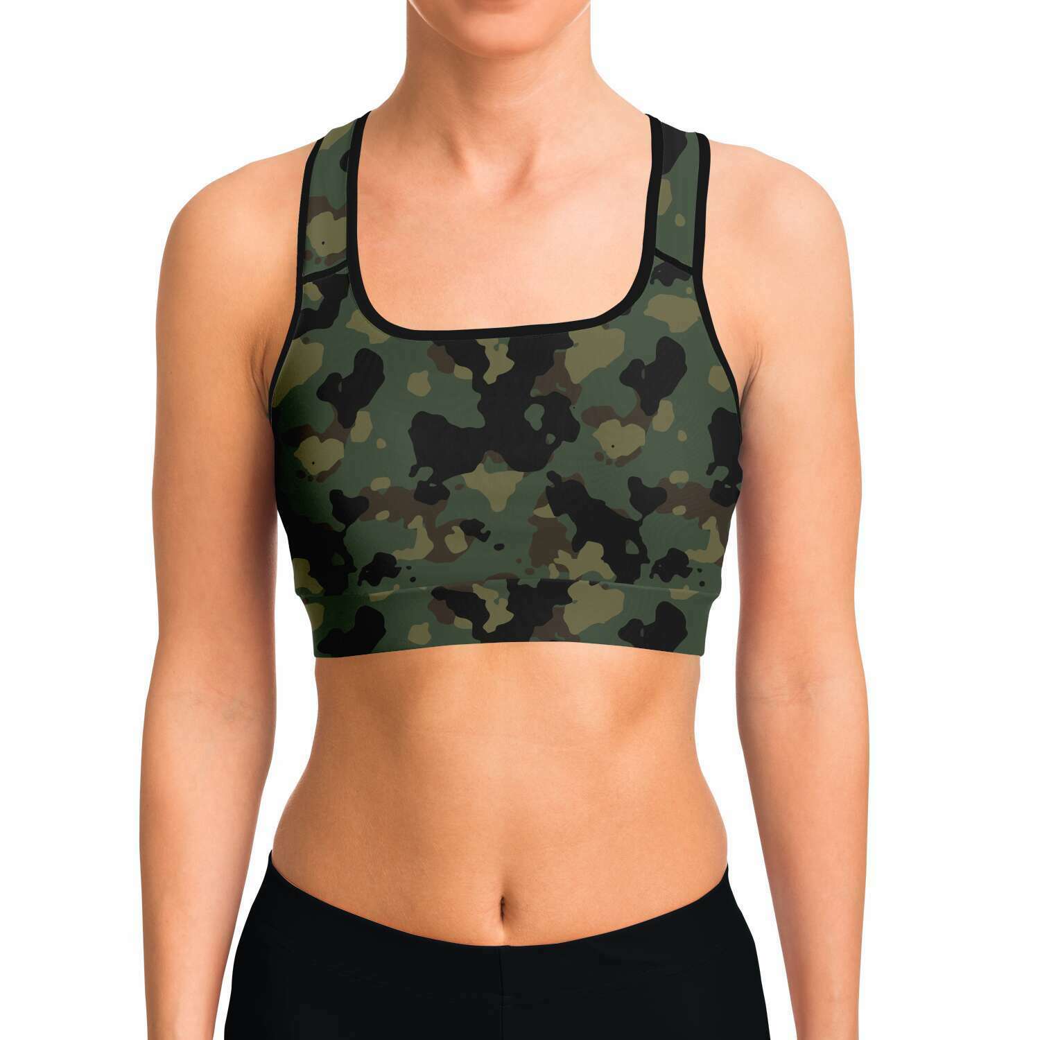 Women's Deep Jungle Camouflage Athletic Sports Bra Model Front