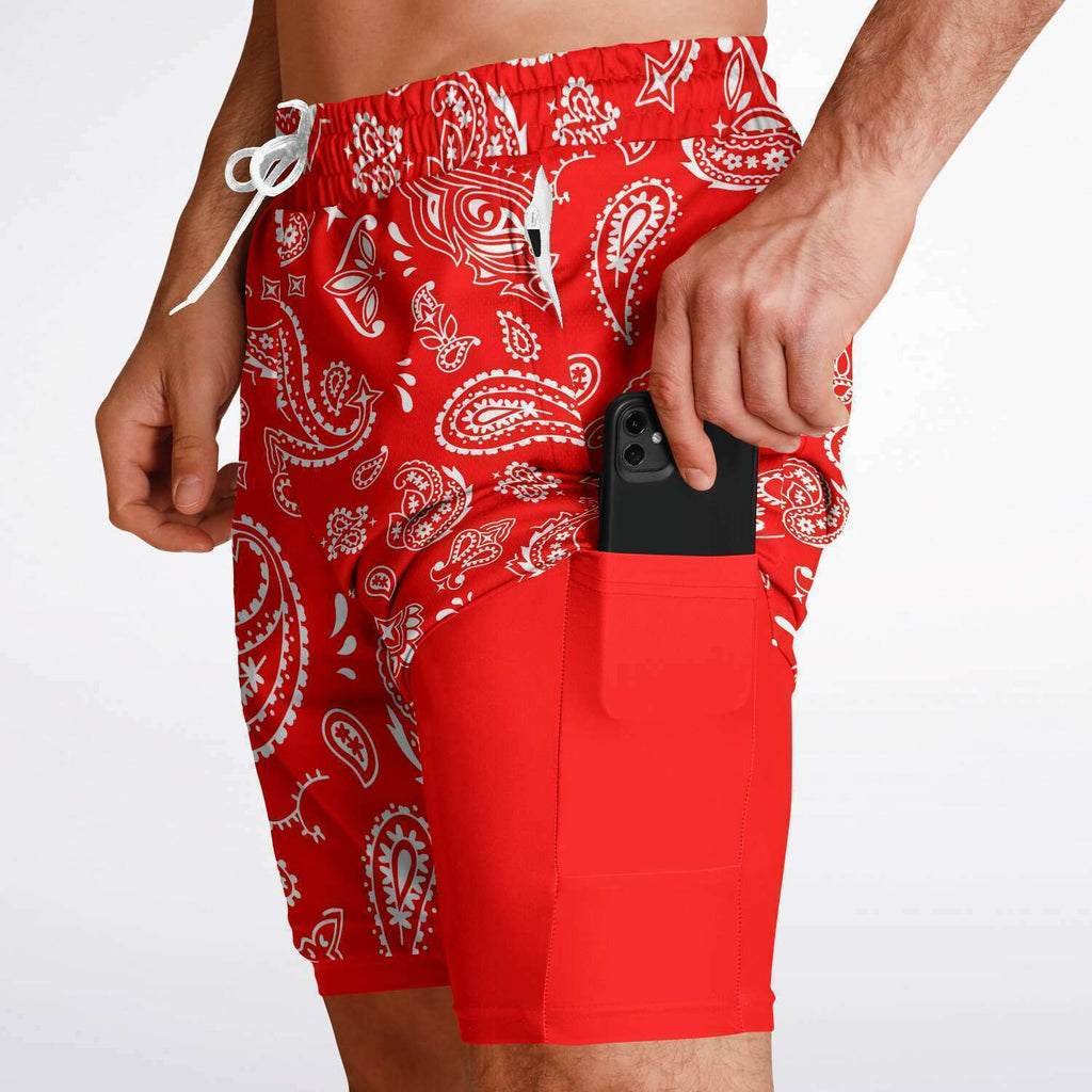 Men's 2-in-1 Classic Red White Paisley Gym Shorts