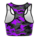 Women's Black Purple Camouflage Athletic Sports Bra Back