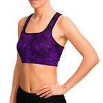 Women's Purple Neon Spider Web Halloween Athletic Sports Bra Model Left
