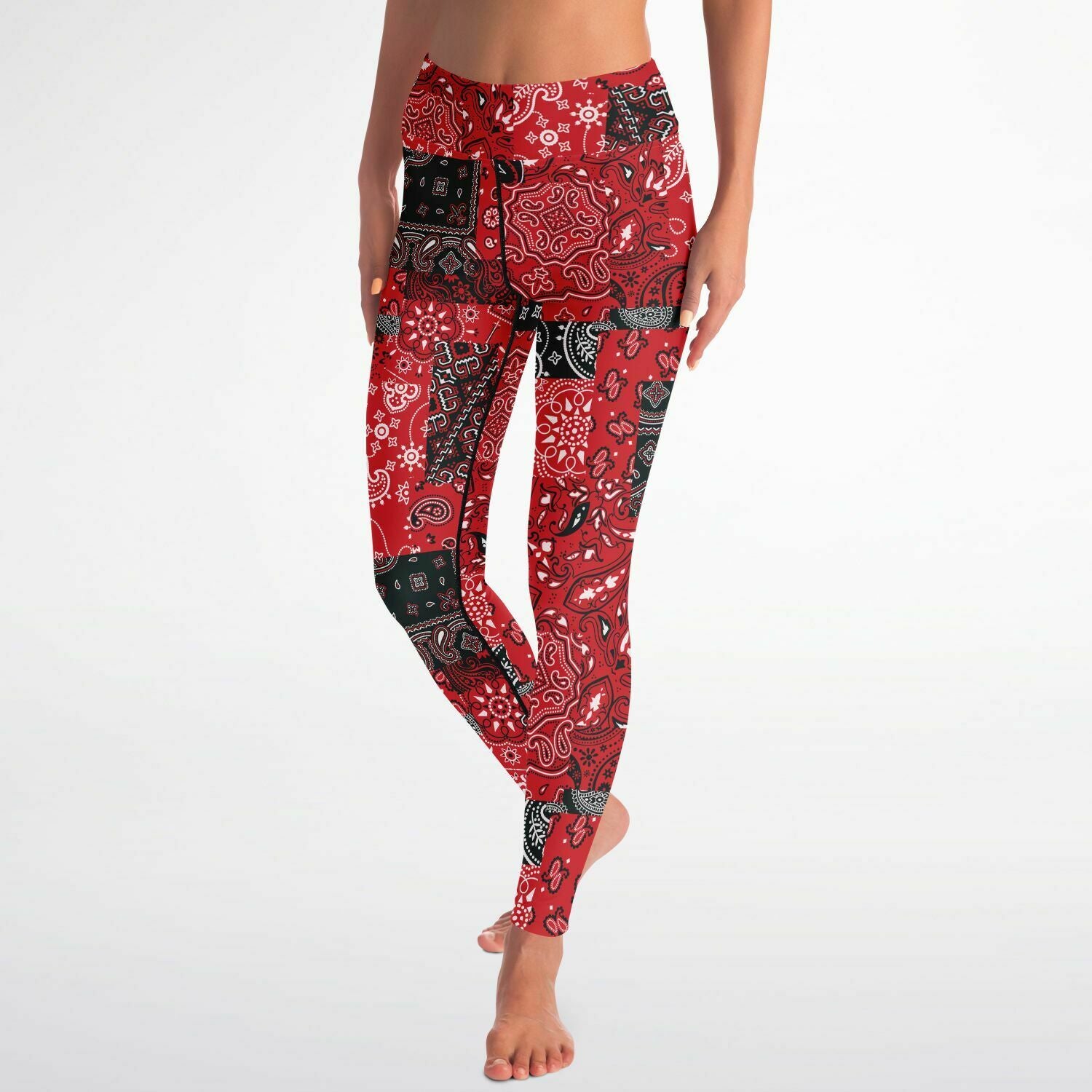 Women's Red Paisley Patchwork High-waisted Yoga Leggings